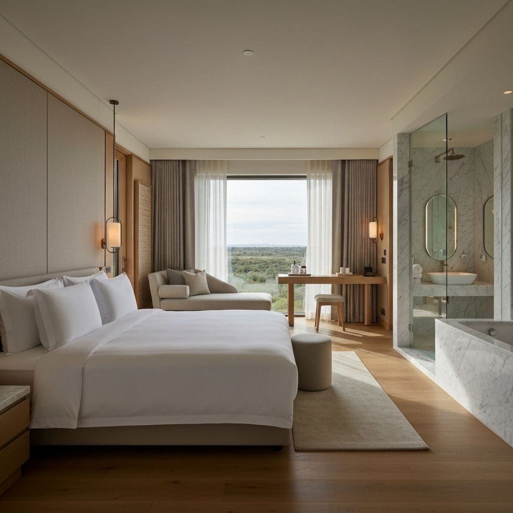 Luxury spa accommodation bedroom with natural lighting